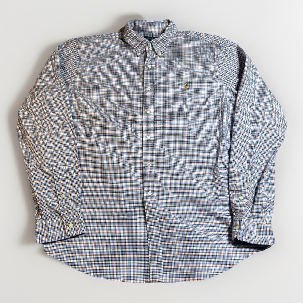 Polo Ralph Lauren XXL Mens‎ Blue Plaid Slim Fit Stretch Oxford Shirt Long Sleeve
